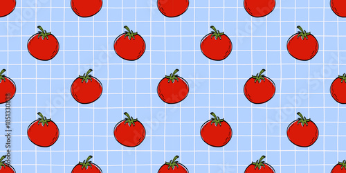 Seamless Mediterranean pattern with ripe cherry tomatoes on a blue checkered background. Fresh repeating design for kitchen textiles, packaging, tableware and food branding