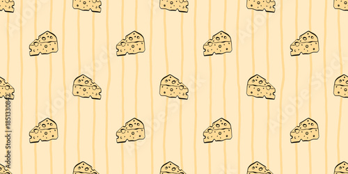 Seamless cheese pattern with repeating cheese slices on a warm striped background, creating a simple food design for packaging, textiles, kitchen decor and restaurant branding