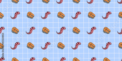 Seamless seafood pattern with salmon steak and octopus tentacle elements arranged on a blue grid background, creating a modern Mediterranean food design for packaging, textiles and kitchen decor