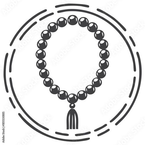 Religious rosary icon in a circular frame. Islamic prayer beads illustration