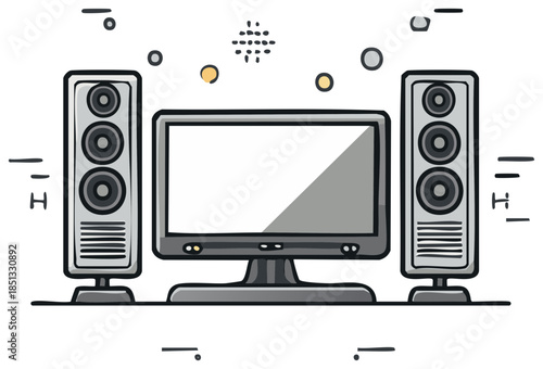 Digital media devices set featuring monitor and speakers in playful illustration style.