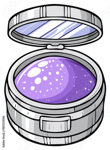 Illustrated silver compact case with purple glitter blush and mirror