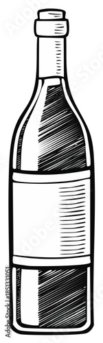 Sketch of a wine bottle with a blank label and cork stopper drawn in a hatched style