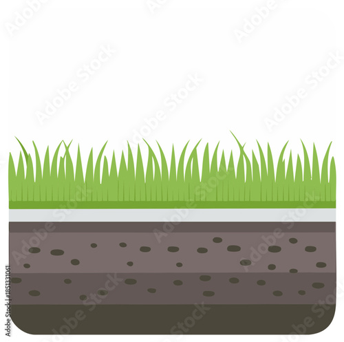 Cross section of green grass and soil layers showing earth strata