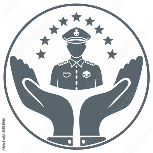 Protection concept officer emblem with caring hands and stars