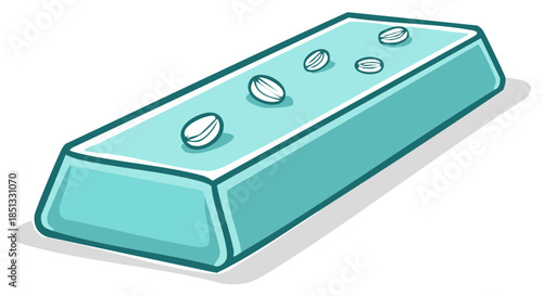 Stylized teal ingot with several coffee beans on top, representing valuable commodities and luxury goods