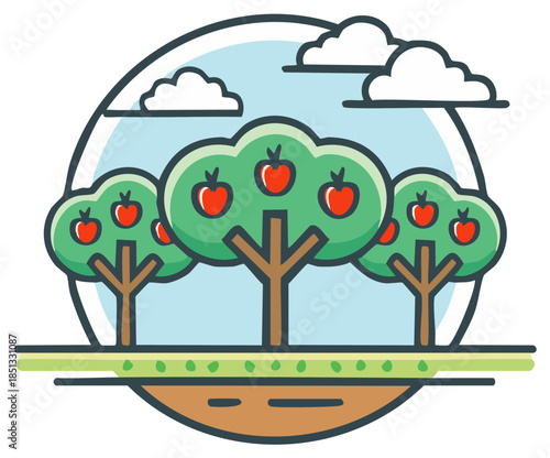 Apple orchard scene featuring apple trees under a blue sky with clouds