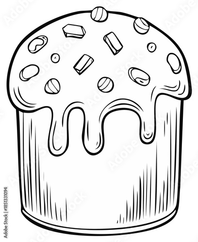 Black and white illustration of Easter cake with frosting and decorations