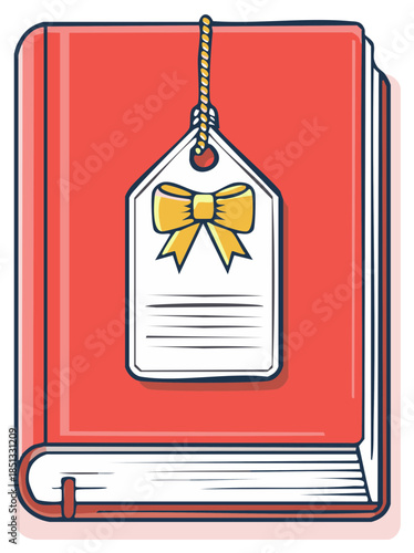 Vibrant red hardcover book with a white gift tag featuring a yellow bow and blank lines