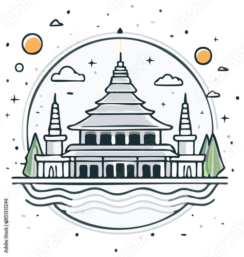 Architectural marvel with pagoda, minarets, clouds and stars in linear style with cosmic vibe