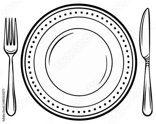 Clean Line Art Illustration of a Dinner Plate with Fork and Knife