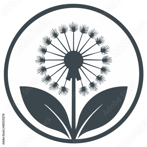 Stylized Dandelion Seed Head with Leaves in a Circular Graphic Icon Design