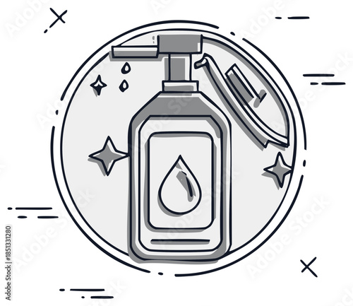 Hand sanitizer bottle with pump and a droplet icon in a circular frame with artistic elements