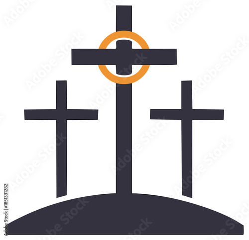 Three crosses stand on a hill with golden ring symbolizing Christian faith