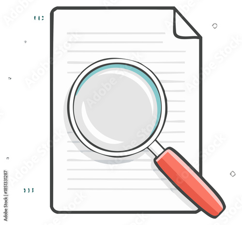 Cartoon magnifying glass examining a paper document icon for research investigation and analysis