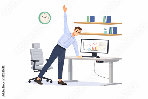 Employee Recharging Energy By Exercising At The Office Desk For A Productive Working Day.