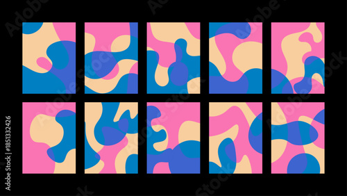 Bright abstract backgrounds in doodle style featuring dynamic forms and quirky patterns. Ideal for posters, editorial layouts, packaging and creative design.