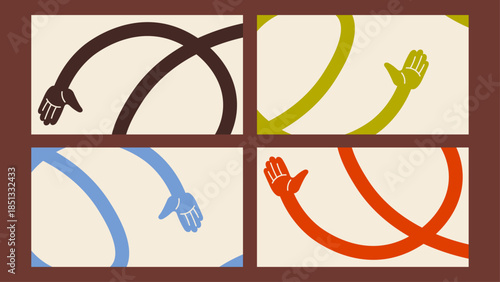 Colorful hand gestures illustration in retro cartoon style on abstract background. Playful expressive hands for posters, stickers, social media and modern graphic design.