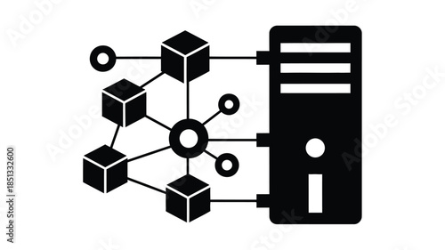 A visual representation of a network connecting multiple cubes to a server tower