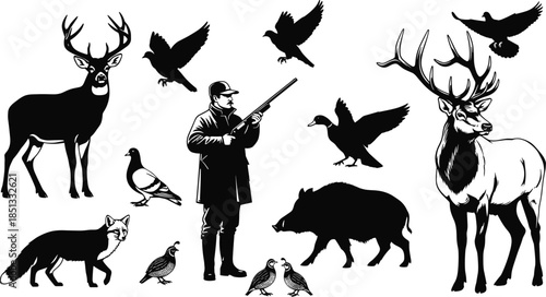 Wildlife hunting silhouette illustration featuring hunter, deer, boar, birds, and forest animals representing nature, outdoor sport, tradition, and countryside life