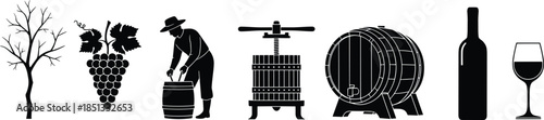 Wine making and vineyard tradition silhouettes with grapes, barrel, press, bottle and winemaker, rural agriculture culture illustration set