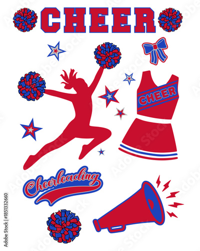 Cheerleading Vector Illustration Set with Jumping Silhouette, Megaphone, Uniform, and Pom Poms in Red and Blue