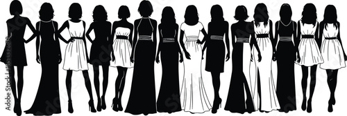 Women group silhouettes standing together unity diversity fashion friendship female figures isolated on white background illustration for design projects