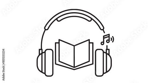 Audiobook with headphones in minimalist line art style with simple black lines on white background for digital media