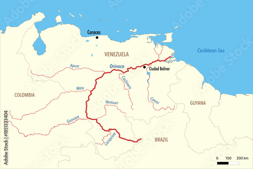 Map of the Orinoco River including its drainage basin and its main tributaries