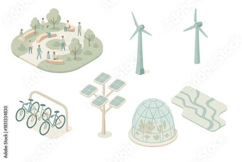 Urban Symbiosis Hub. Isometric vector illustration set Urban Symbiosis Hub: shared eco plaza, energy tower, bicycle rack, solar
