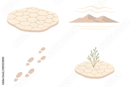Dried Lake Horizon. Isometric vector illustration set Dried Lake Bed Horizon: salt polygons, distant mountains, shimmering air,