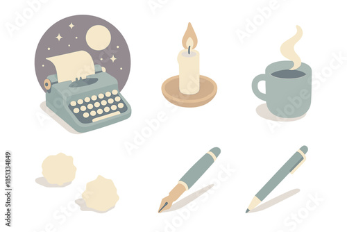 Nighttime Writing Inspiration. Isometric vector illustration set Nocturnal Writing Dream: typewriter under stars, candle flame,