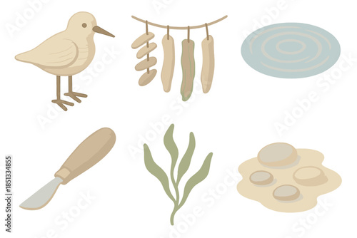 Ocean Breeze Woodcraft. Isometric vector illustration set Ocean Breeze Woodcraft: carved bird, drying driftwood, ripple reflection