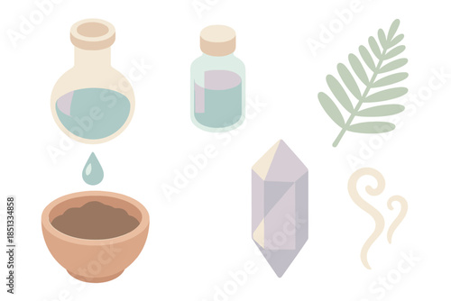 Rain Essence Icons. Isometric vector illustration set Rain Essence Workshop: dripping flask, vial labeled essence, clay bowl with