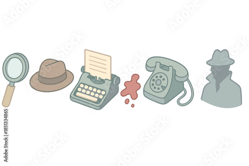 Mystery Detective Icons. Isometric vector illustration set Mystery Detective Print: magnifying glass, fedora, typewriter page,
