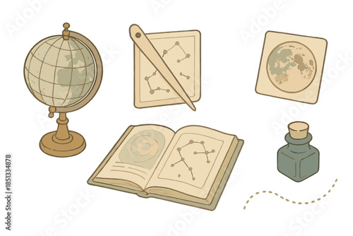 Antique Sky Navigation Icons. Isometric vector illustration set Antique Sky Navigation: aged globe, constellation ruler, open