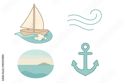 Ocean Breeze Icons. Isometric vector illustration set Ocean Breeze Journey: white sail, wave foam, gentle wind lines, sea horizon,