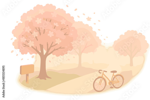 Morning Sakura Stroll. Isometric vector illustration set Morning Sakura Stroll: cherry trees along path, light mist, wooden sign,