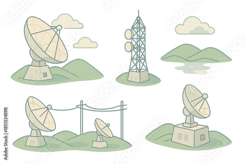 Isometric Observatory Illustration. Isometric vector illustration set Radio Observatory Field: parabolic antennas, data tower,