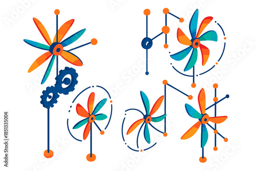 Kinetic Sculpture Wind. Isometric vector illustration set Kinetic Sculpture Wind: luminous spinning sculpture, mechanical gears,