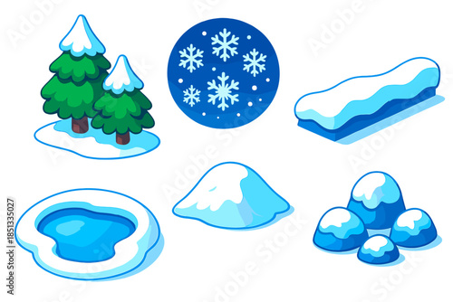Snowy Winter Icons. Isometric vector illustration set Snowfall Quiet: snow-covered trees, gentle snowflakes, frozen pond section,
