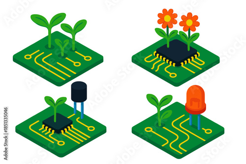 Circuit Board Garden. Isometric vector illustration set Circuit Board Garden: green PCB base, luminous traces, sprouting seedlings