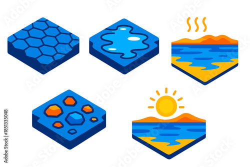 Salt Flat Mirage. Isometric vector illustration set Salt Flat Mirage: cracked salt surface, reflective puddles, heat shimmer,