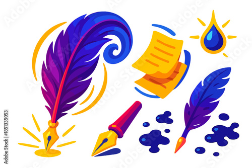 Vortex Feather Icons. Isometric vector illustration set Vortex Feather Quill: quill with swirling feather, glowing ink droplet,