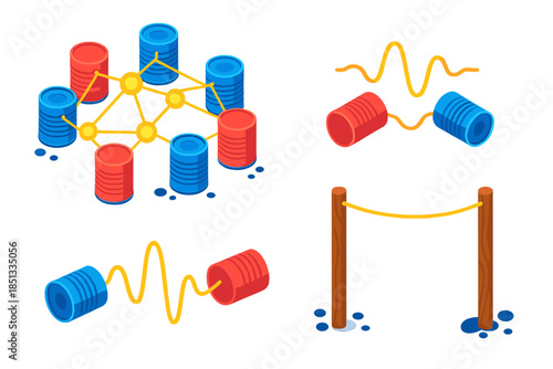 Tin Can Connection. Isometric vector illustration set Tin Can Telephone Network: tin can array on string, glowing connection nodes