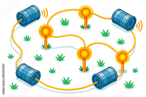 Tin Can Communication. Isometric vector illustration set Tin Can Telephone Network: string-linked tin cans, glowing communication