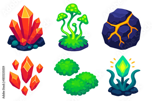 Symbiotic Mineral Growth. Isometric vector illustration set Symbiotic Mineral Growth: crystal formations, glowing fungal tendrils,
