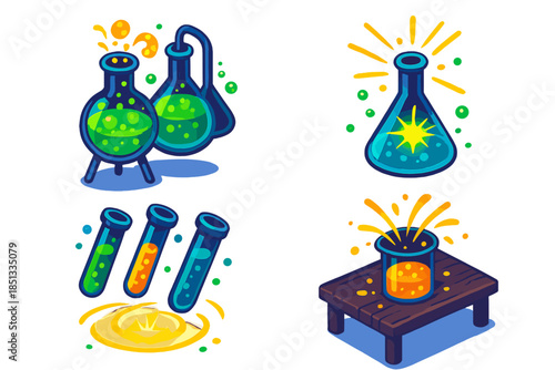 Darkroom Alchemy Icons. Isometric vector illustration set Darkroom Alchemy Process: bubbling flasks, glowing chemical solution,