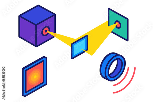 Vivid Pinhole Camera Icons. Isometric vector illustration set Pinhole Camera Perspective: camera box fragment, pinhole aperture,