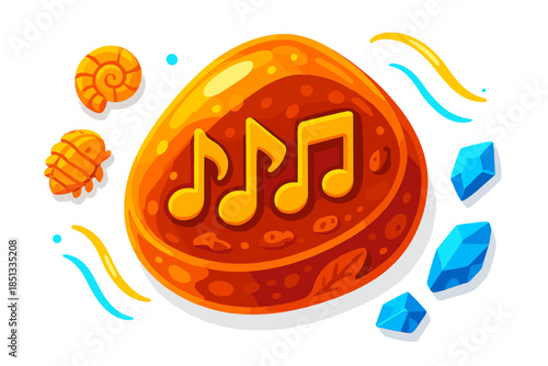 Fossilized Song Amber. Isometric vector illustration set Fossilized Song Amber: amber piece with embedded sound symbols, glowing